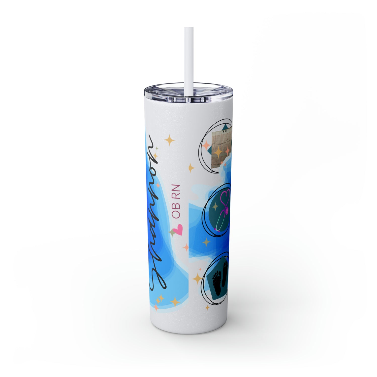 OB Nurse Skinny Tumbler with Straw, 20oz for hot or cold drinks.