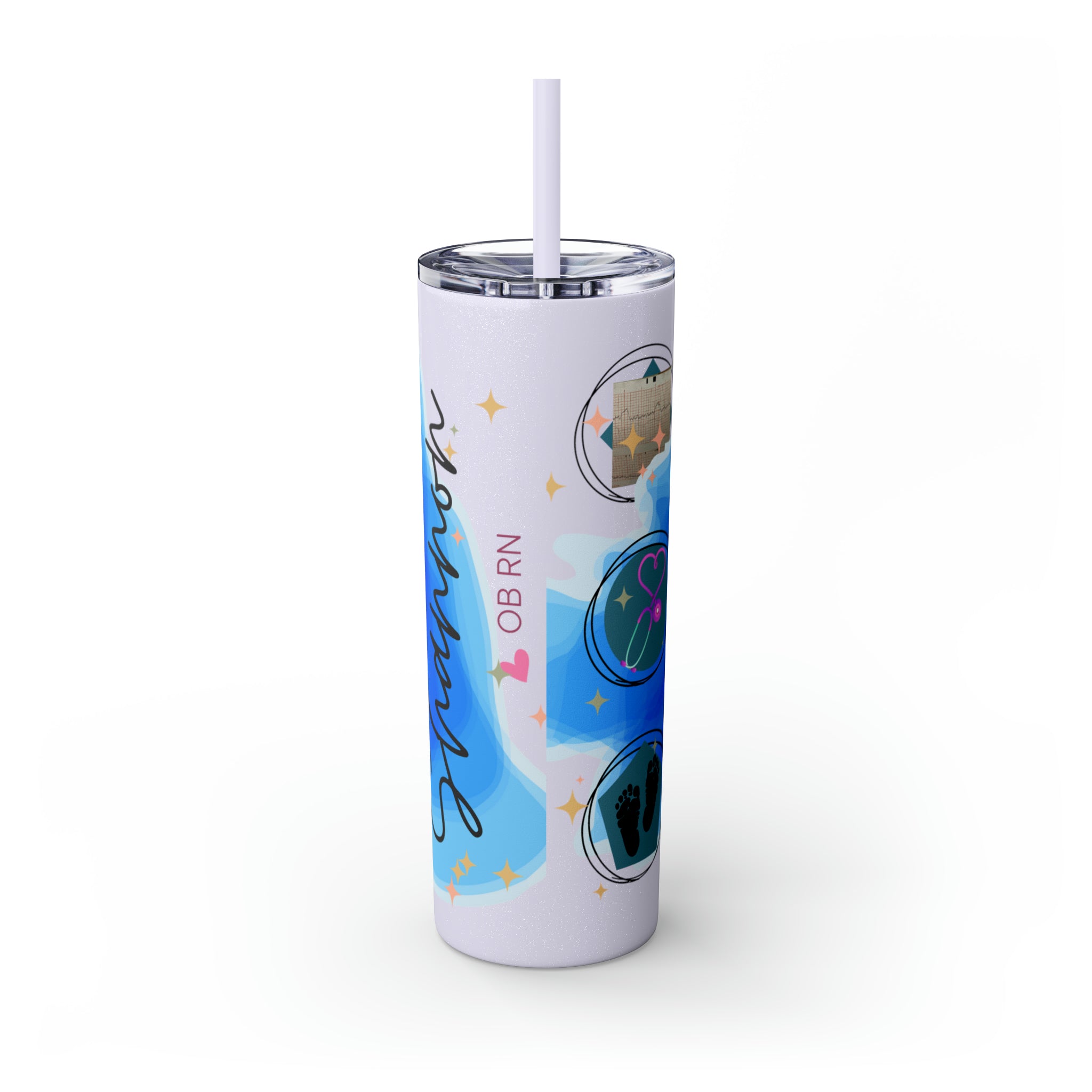 OB Nurse Skinny Tumbler with Straw, 20oz for hot or cold drinks.