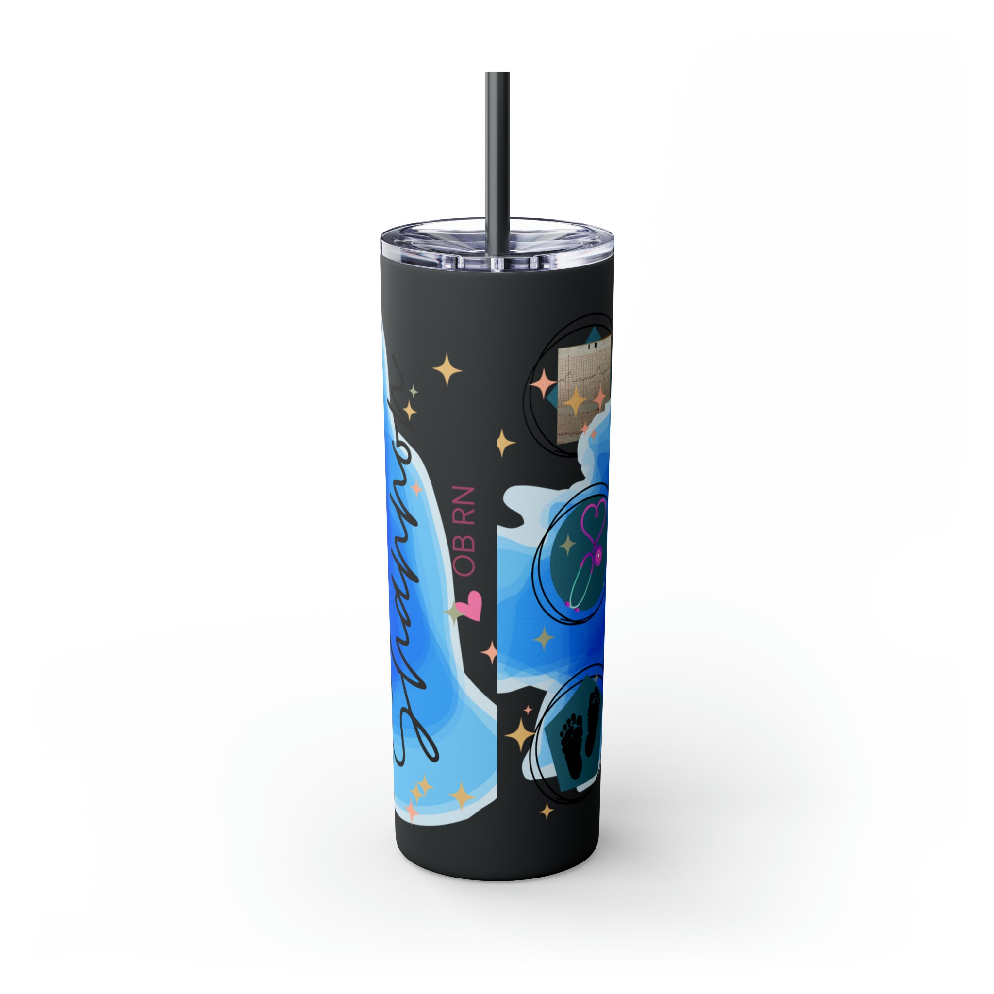 OB Nurse Skinny Tumbler with Straw, 20oz for hot or cold drinks.
