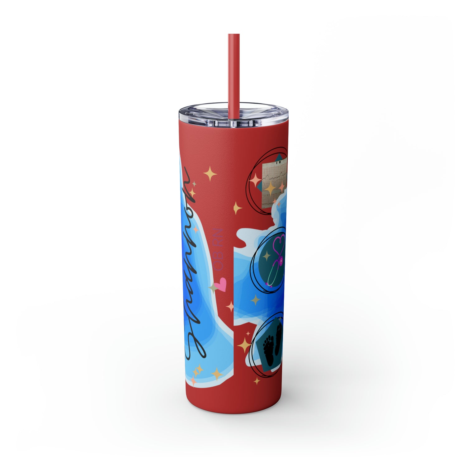 OB Nurse Skinny Tumbler with Straw, 20oz for hot or cold drinks.