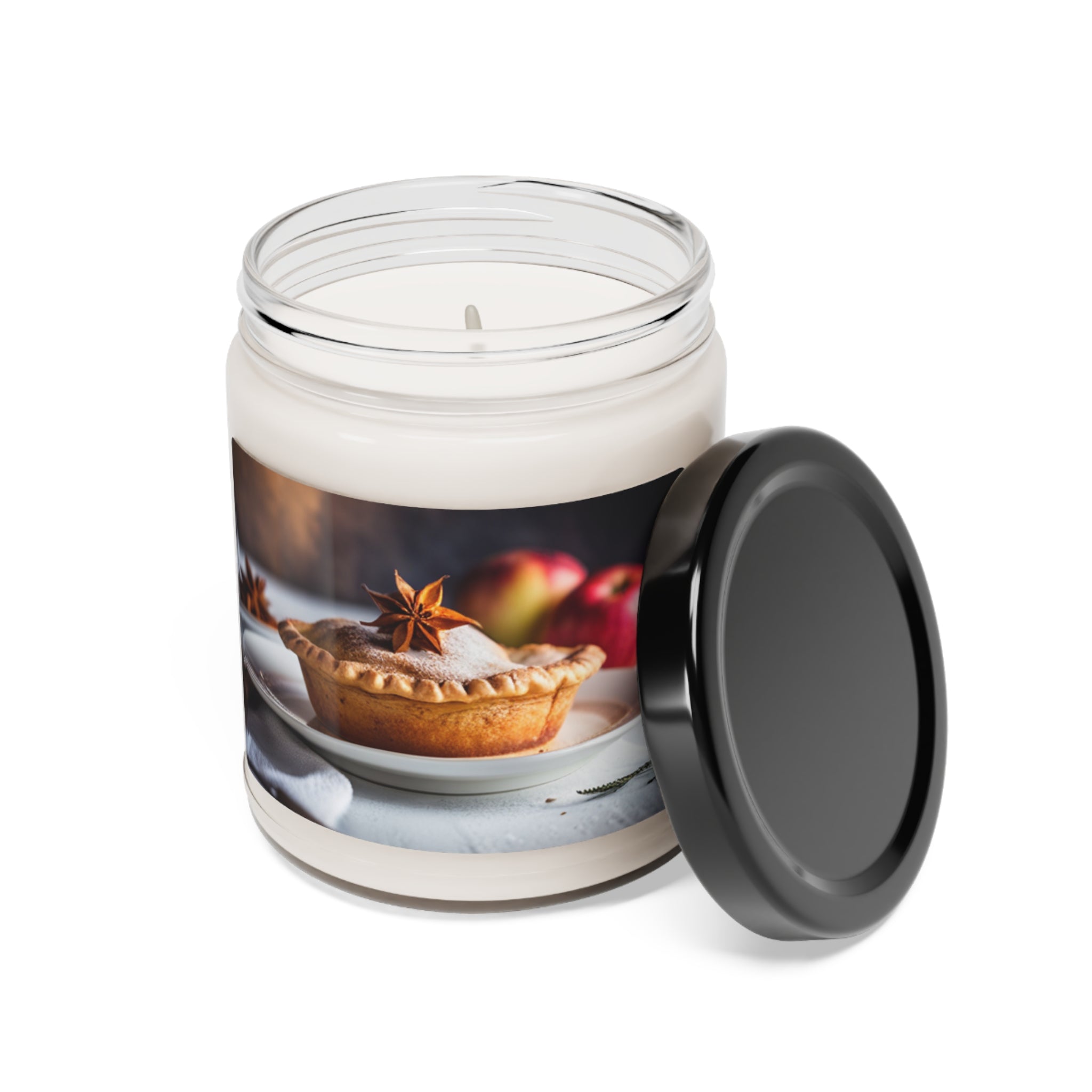 Apple Pie Scented Candle with hints of cinnamon, nutmeg, clove, orange, and cedarwood.