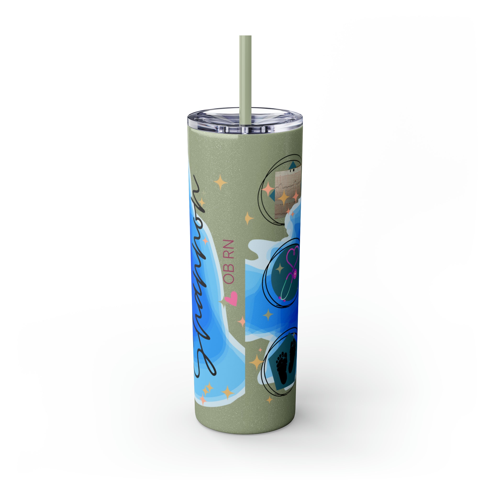 OB Nurse Skinny Tumbler with Straw, 20oz for hot or cold drinks.