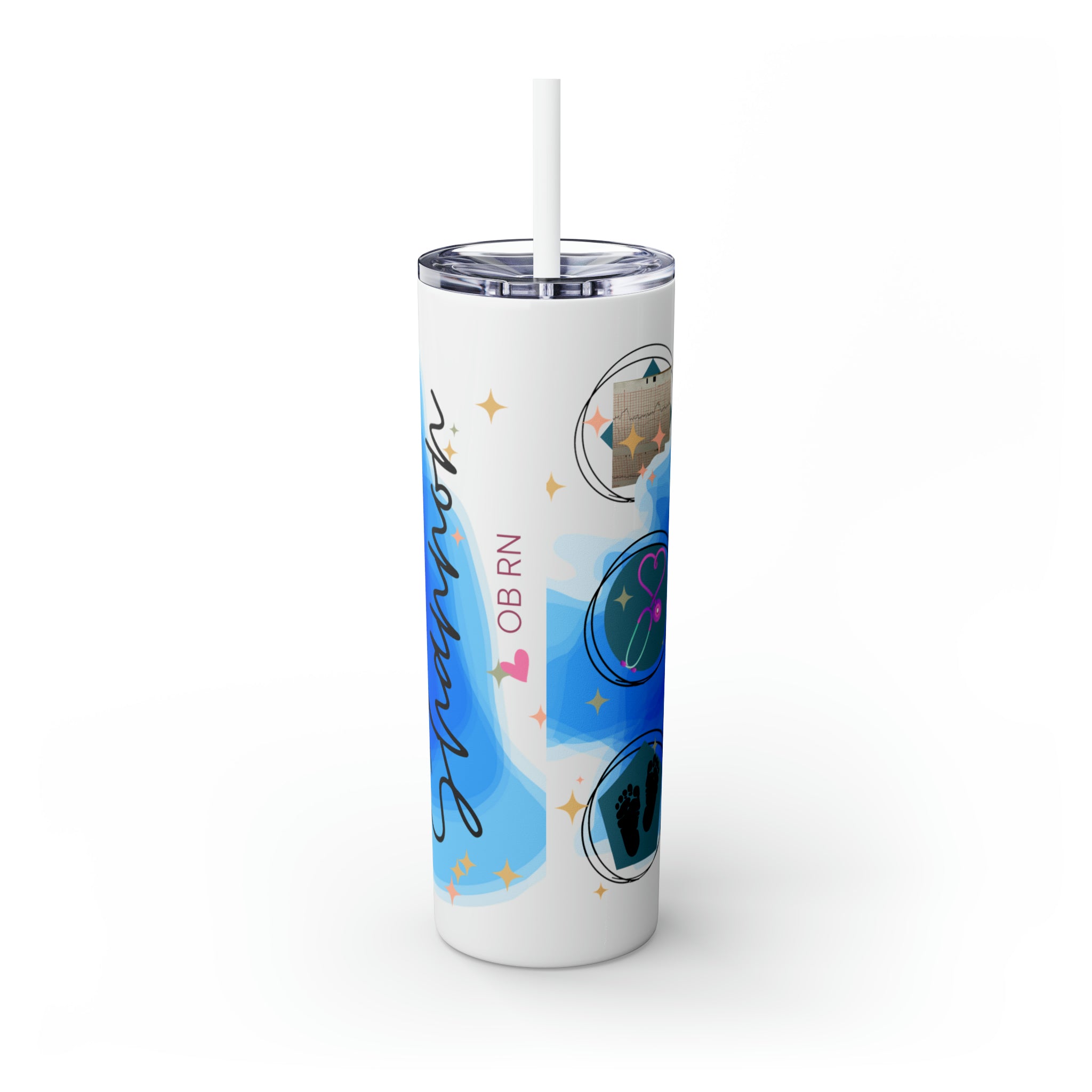 OB Nurse Skinny Tumbler with Straw, 20oz for hot or cold drinks.