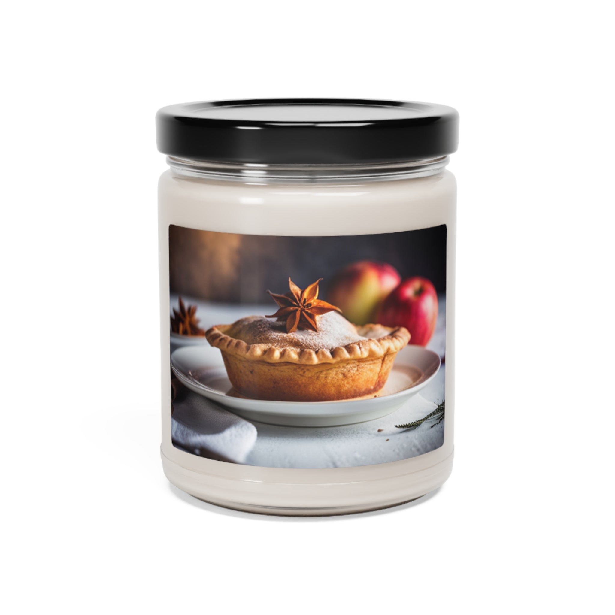 Apple Pie Scented Candle with hints of cinnamon, nutmeg, clove, orange, and cedarwood.